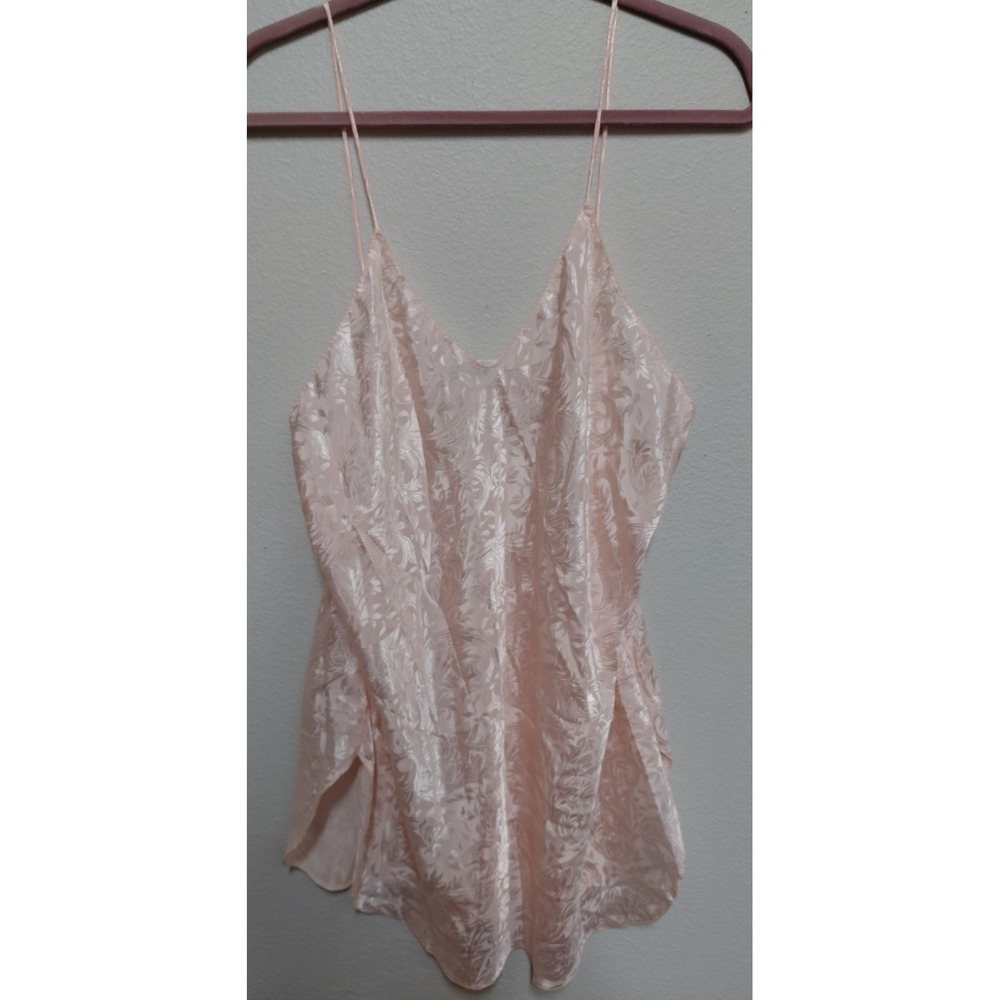 Dreamtime VTG 80s Pink Satin Floral Jacquard Slip Dress Chemise Lingerie Large